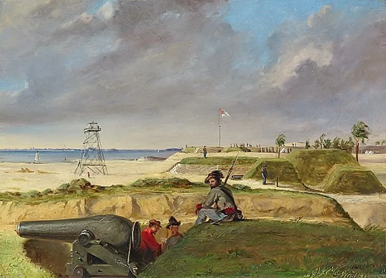 A Civil War-era painting of a coastal battery, with a cannon and soldiers