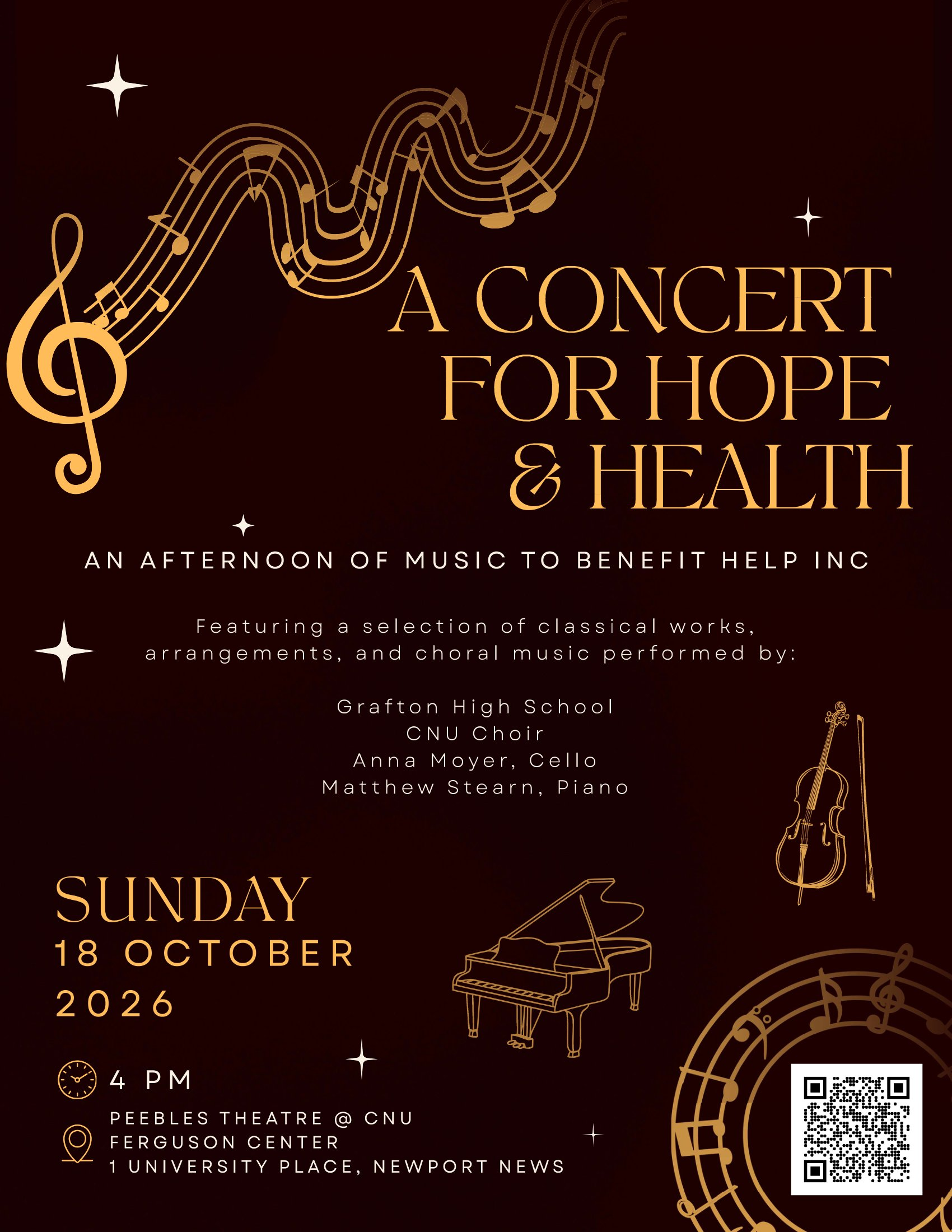 Flyer for A Concert for Hope and Health, an afternoon of music to benefit HELP Inc, Sunday, October 18, 2026, at 4 p.m. at the Peebles Theatre, CNU Ferguson Center