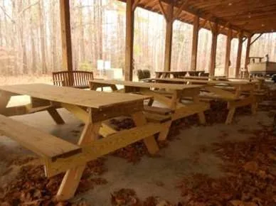 The new picnic tables lined up under the pavilion at Chanco
